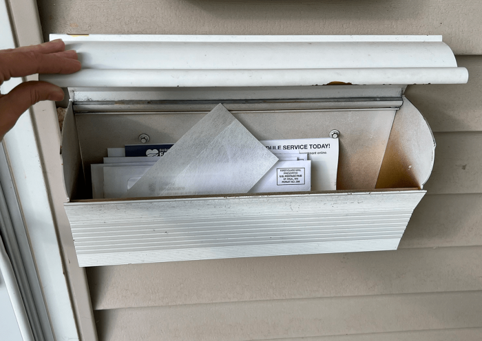 Une femme met une feuille de sécheuse dans une boîte aux lettres avec du courrier