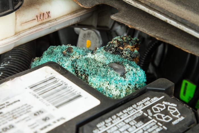 Borne de batterie de voiture avec corrosion sur la borne de plomb