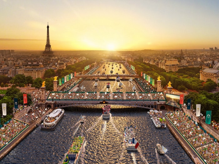 Vue aérienne de Paris avec la tour Eiffel et la Seine.