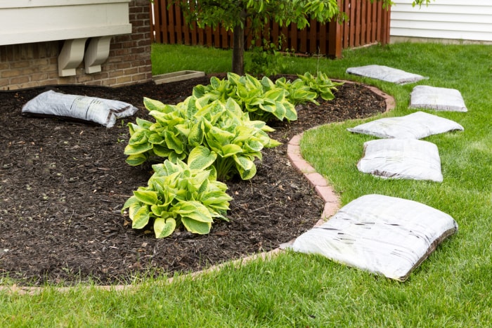 Préparation du paillage du jardin au printemps en disposant une rangée de paillis organique commercial dans des sacs autour du bord du parterre de fleurs sur une pelouse verte soigneusement entretenue