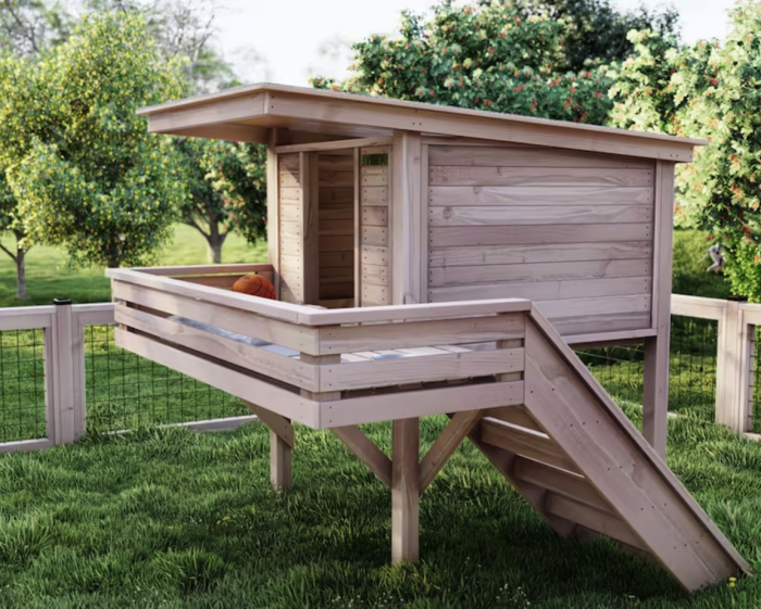 maison dans les arbres dans le jardin près d'un verger avec escalier jusqu'à la maison et lit pour chien avec panier de basket-ball