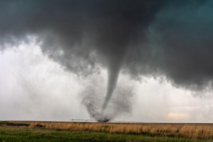 Une tornade dans un champ.