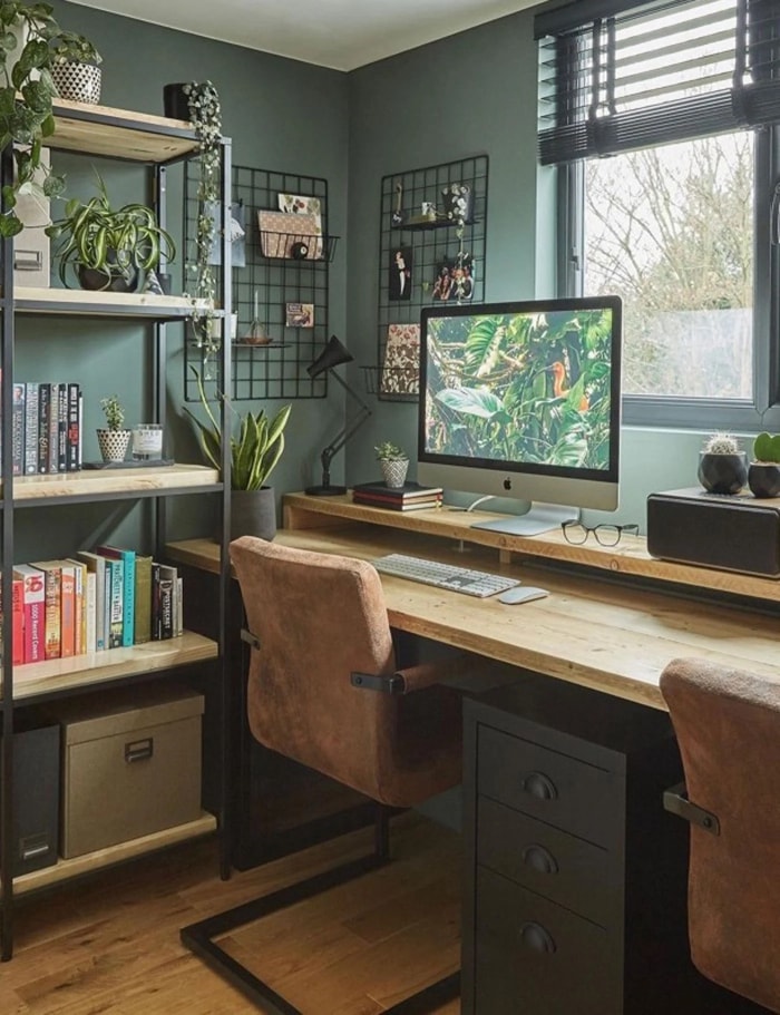 Bureau à domicile avec murs vert sauge, plantes et décoration aux tons terre