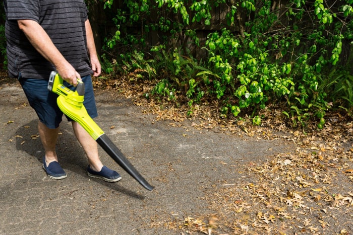 Une personne utilisant le meilleur souffleur de feuilles à batterie pour nettoyer les feuilles d’une large allée.