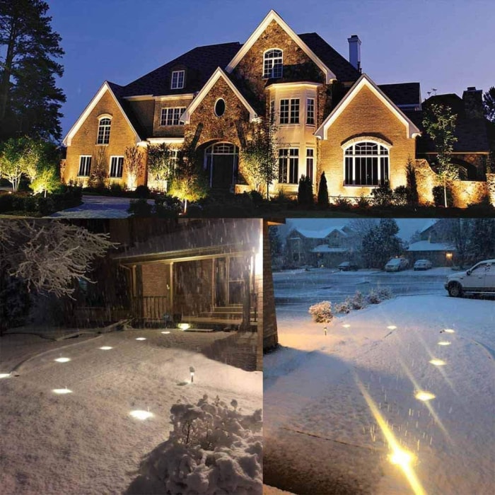 composite de trois maisons extérieures affichant des lumières de paysage sur la pelouse avant couverte de neige et un grand manoir la nuit éclairé par des lumières de paysage