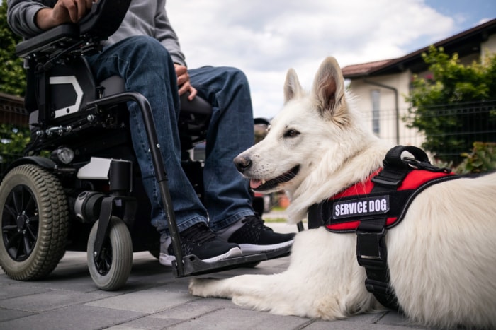 Un homme en fauteuil roulant à côté d'un chien d'assistance blanc avec gilet