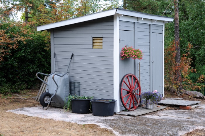 petit hangar de stockage gris avec brouette et fleurs