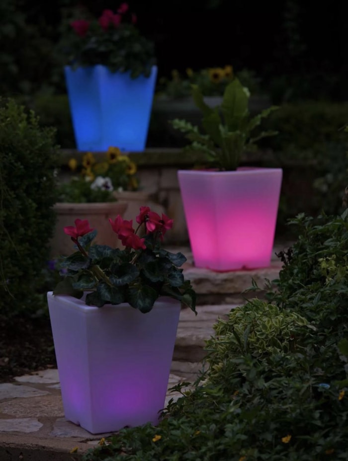 vue nocturne d'un aménagement paysager en pierre en terrasse avec des jardinières éclairées de différentes couleurs dans le jardin