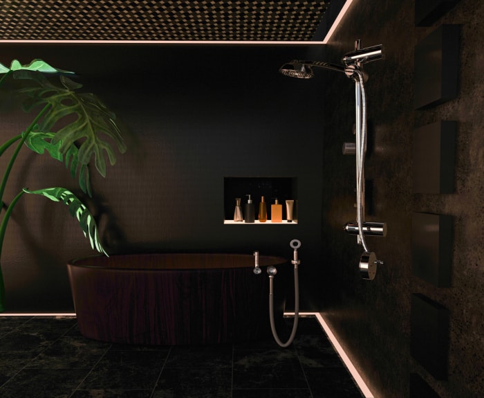 Vue latérale de l'intérieur d'une salle de douche de luxe en fer sombre et en béton, table de douche, lumière chaude, bougie, tube de bain et feuilles de monstera. Intérieurs luxueux. Design et décoration d'intérieur. Rendu 3d