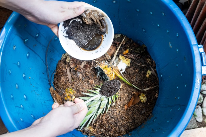 Personne ajoutant du marc de café au bac à compost