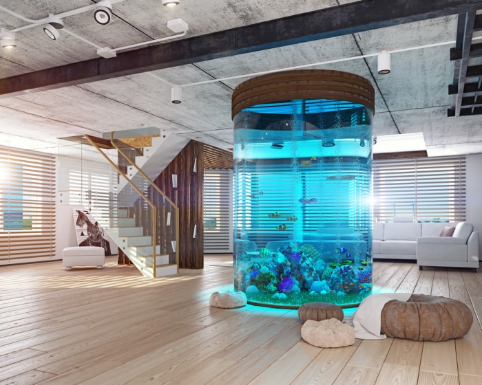 L'intérieur du loft moderne avec aquarium. Concept 3D