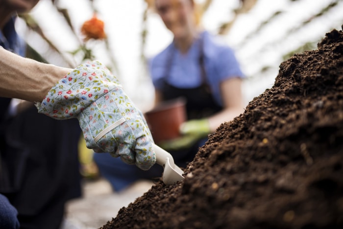 une main de femme dans un gant de jardinage ramasse de la terre avec une autre femme en arrière-plan tenant un pot