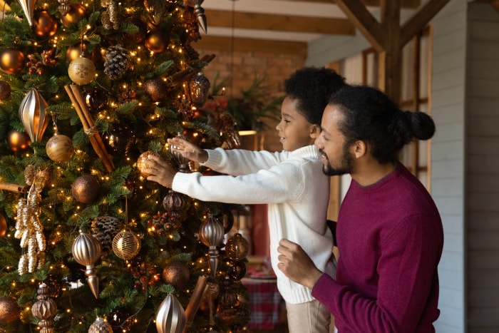 Un père tend la main à son fils pour qu'il mette un ornement sur l'arbre de Noël dans leur salon.