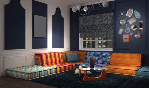 harmoniser le style de votre maison avec votre style de décoration salon éclectique bleu et orange