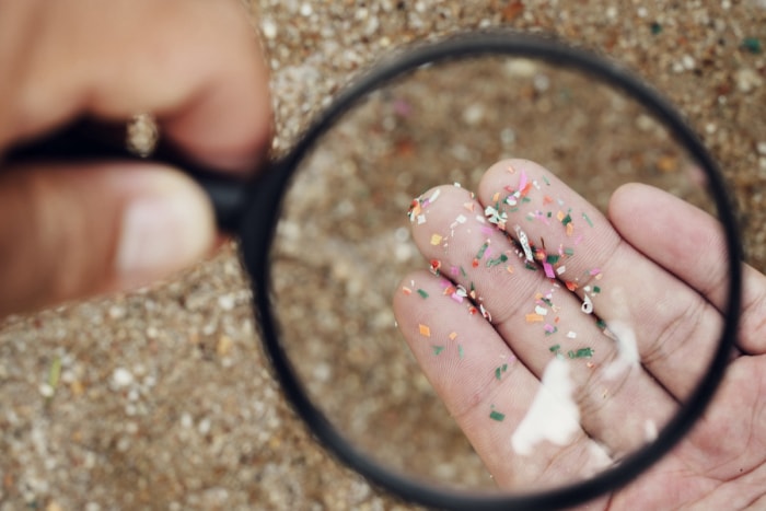 Une personne tenant des microplastiques dans sa main et les observant à travers une loupe.