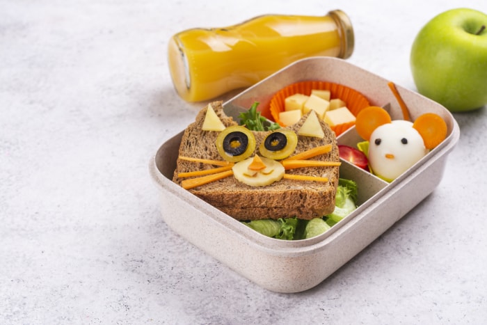 Boîte à lunch pour enfants avec un mignon sandwich en forme de chat, des cubes de fromage dans une tasse en silicone et une souris en œuf à la coque.