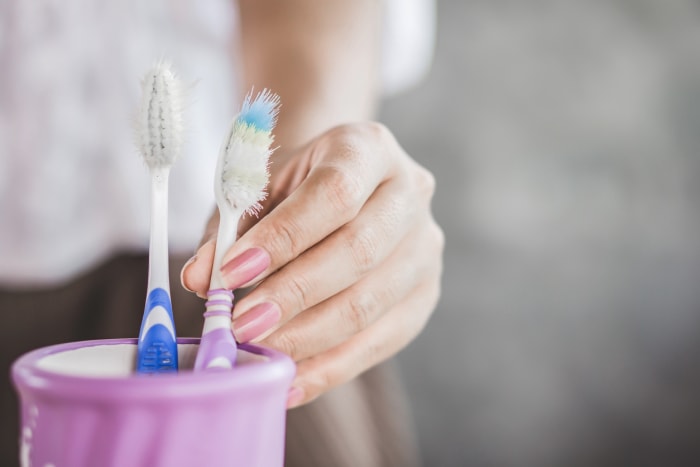 vue rapprochée de deux brosses à dents dans un pot, la main d'une femme'prend l'une d'elles