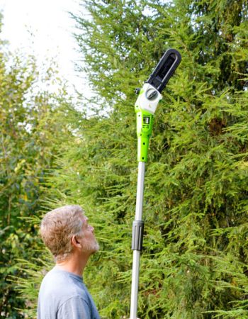 Une personne utilise la scie à poteau sans fil 40V de Greenworks pour couper une branche d'arbre haute.