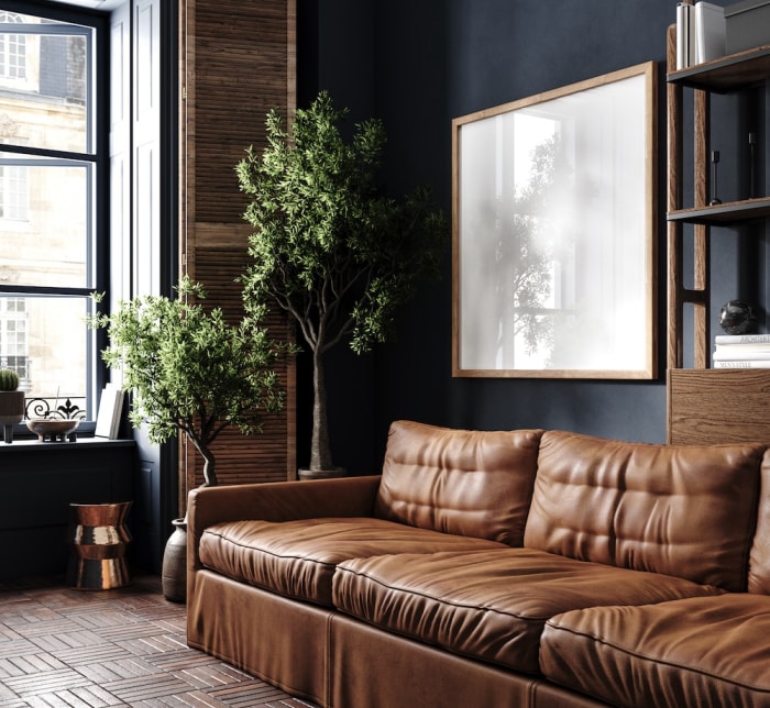 Salon confortable avec canapé en cuir marron, murs anthracite, plantes d'intérieur et stores en bois.