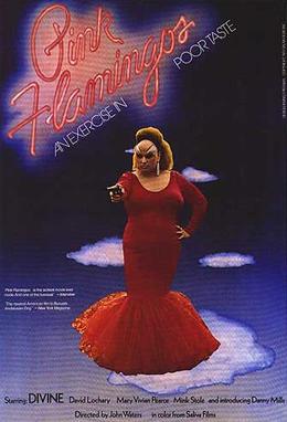 affiche du film Pink Flamingos avec Divine en robe rouge