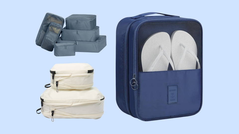 Three different packing cubes on a light blue background.