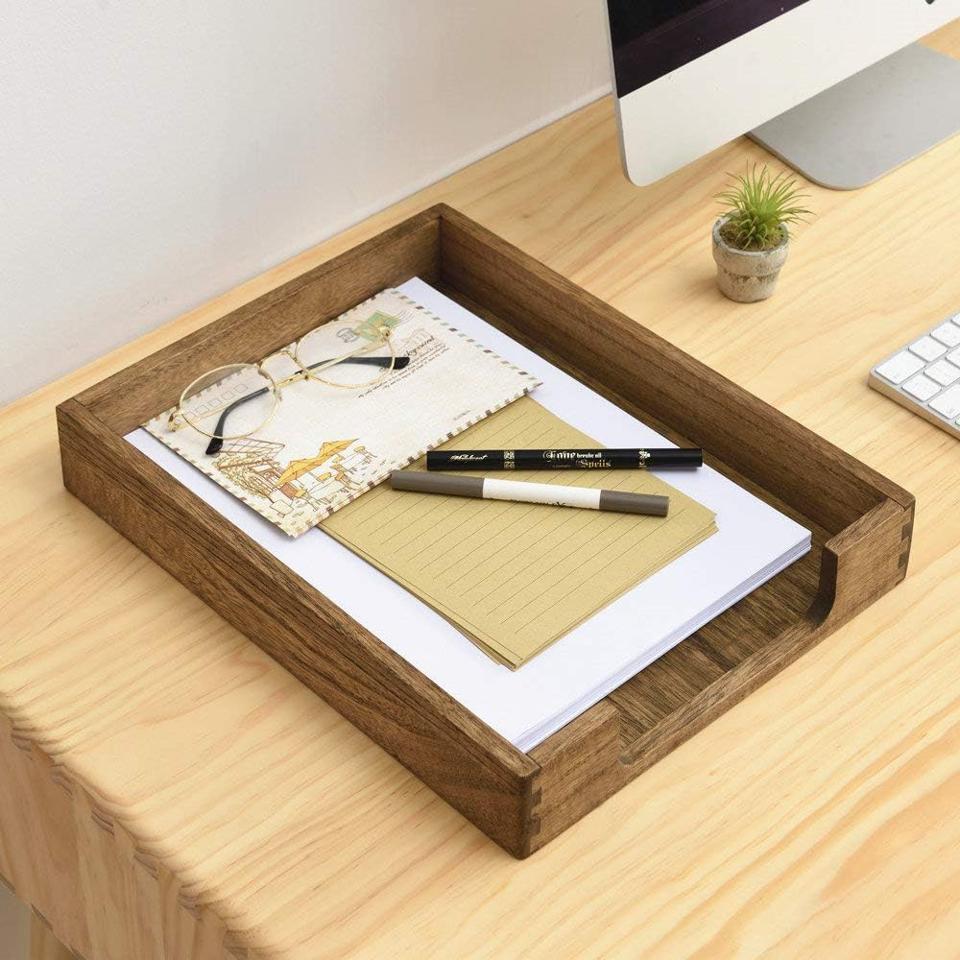 Kirigen Wood Letter-Size Tray with papers and other office items neatly stored inside.