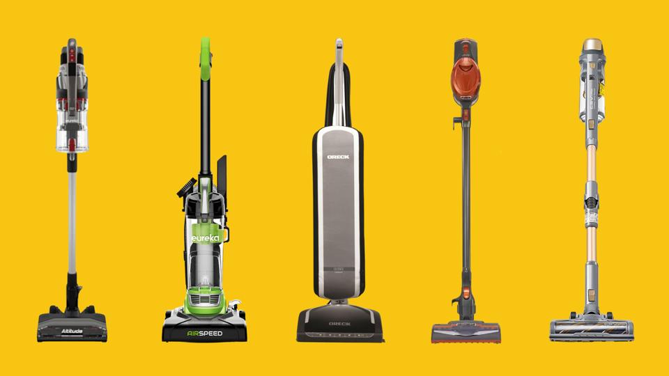 Five lightweight vacuums against a cheery yellow background.