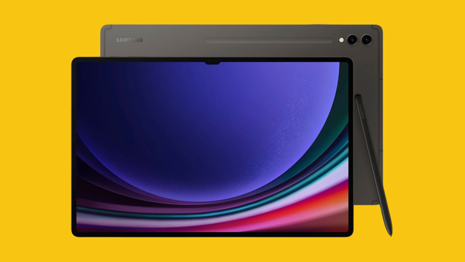 A Samsung Galaxy Tab S9 Ultra on a yellow background