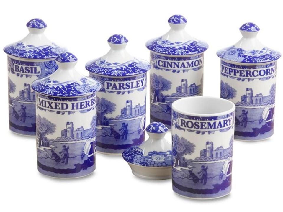 Spode Blue Italian Spice Jars against a white background