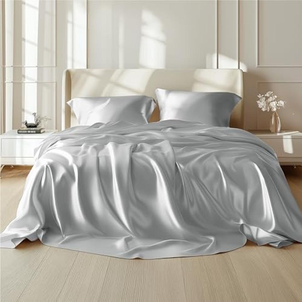 Bedsure Satin Sheets on a bed in a bedroom