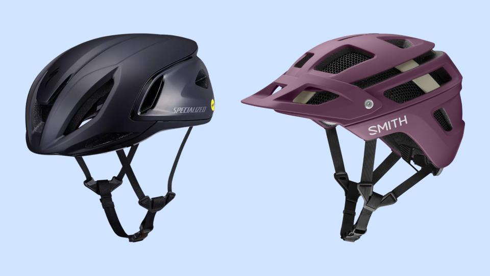 The Specialized Propero and Smith Forefront 2 MIPS helmets on a blue background