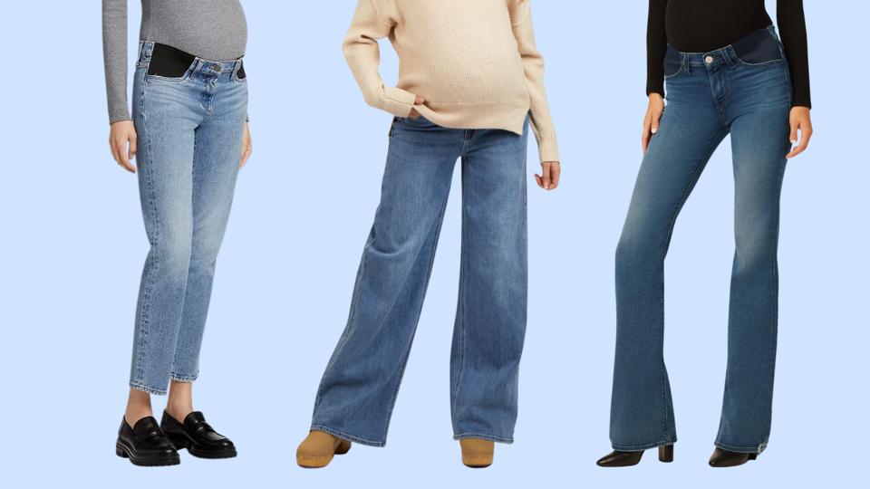 3 pairs of maternity jeans worn by pregnant people, shown from the belly down