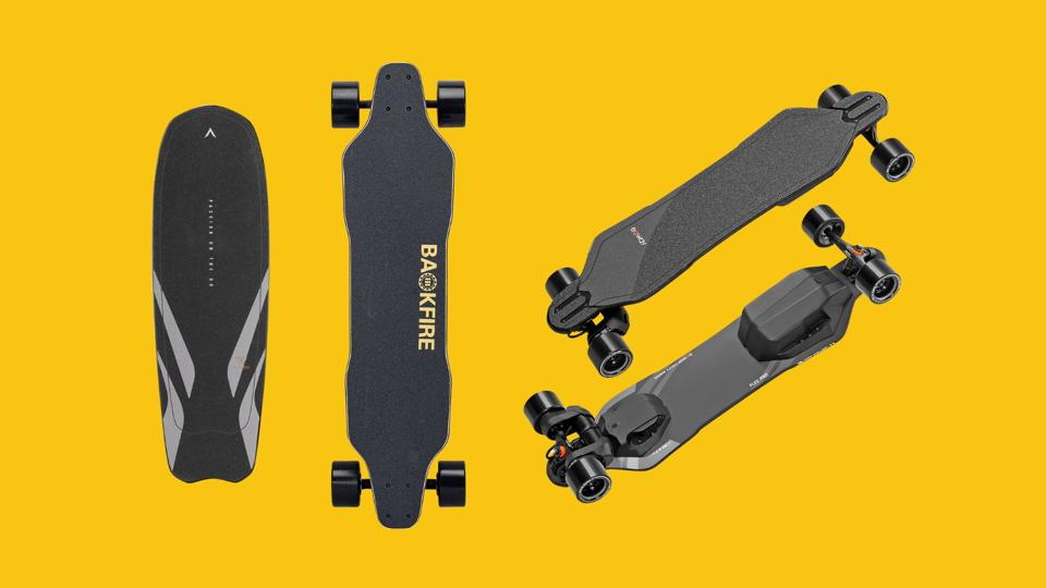 The Wowgo Mini 2S, Backfire G2 and Exway Flex Pro electric skateboards on a yellow background