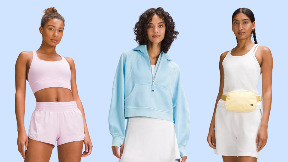 Three women in Lululemon apparel against light blue background