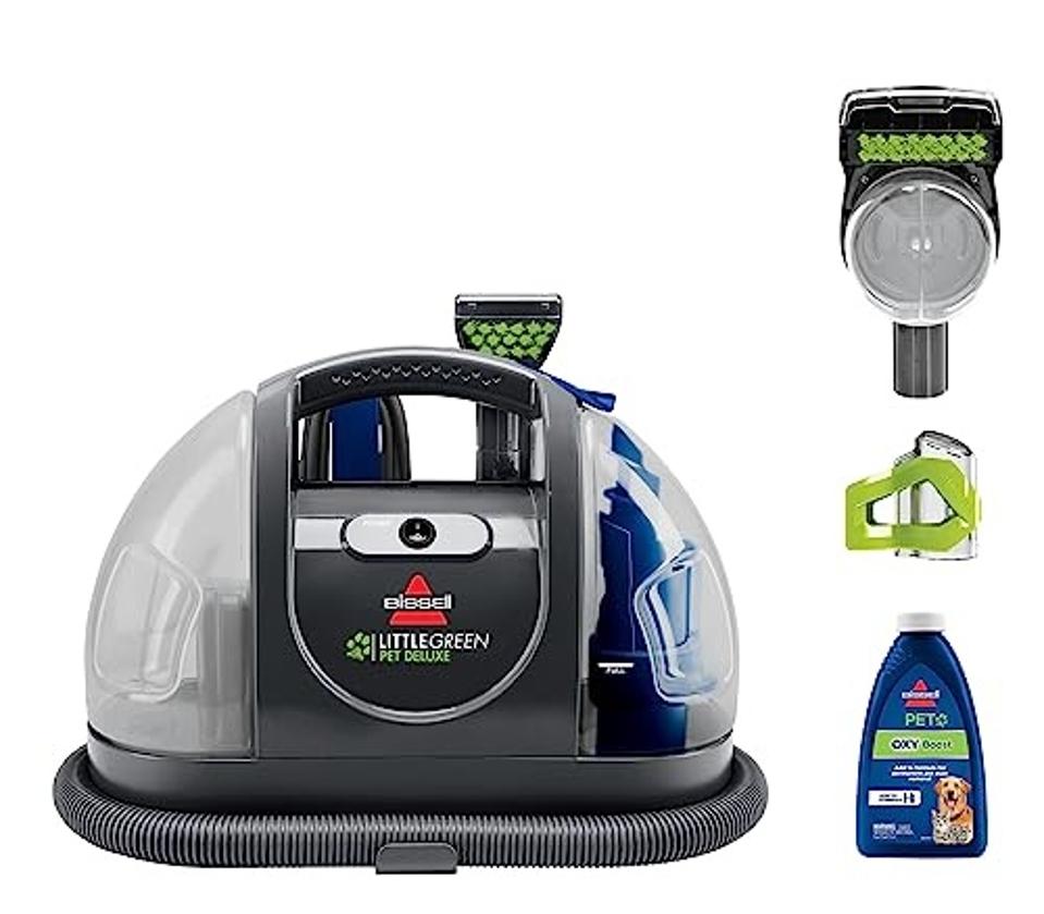 Product shot of Bissell Little Green Pet Deluxe Portable Carpet Cleaner and its accessories