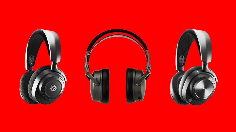 Three of the best gaming headsets of 2024 against a red background.