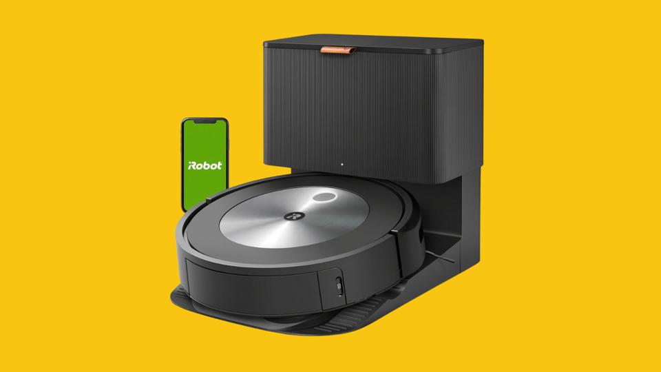 The iRobot Roomba j7+ against a yellow background.