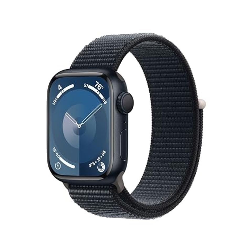 product shot of black Apple Watch Series 9 with black sports loop on a white background.