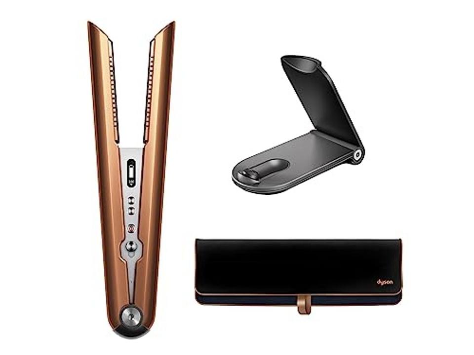 The Dyson Corrale Hair Straightener in Nickel/Copper color with its parts