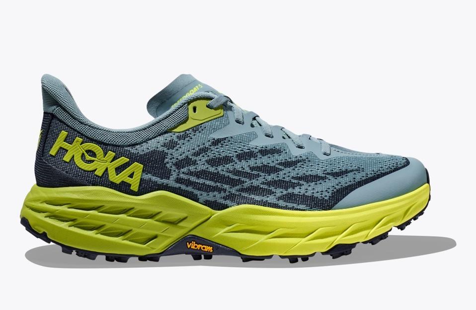 product shot with a men's Hoka Speedgoat 5 in the Stone Blue / Dark Citron colorway.