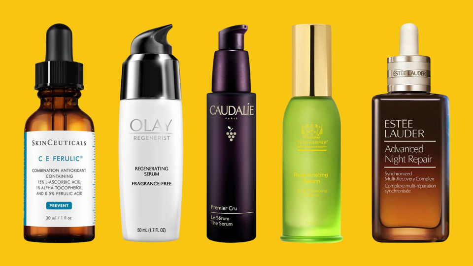 Five different anti-aging serums on a yellow background.