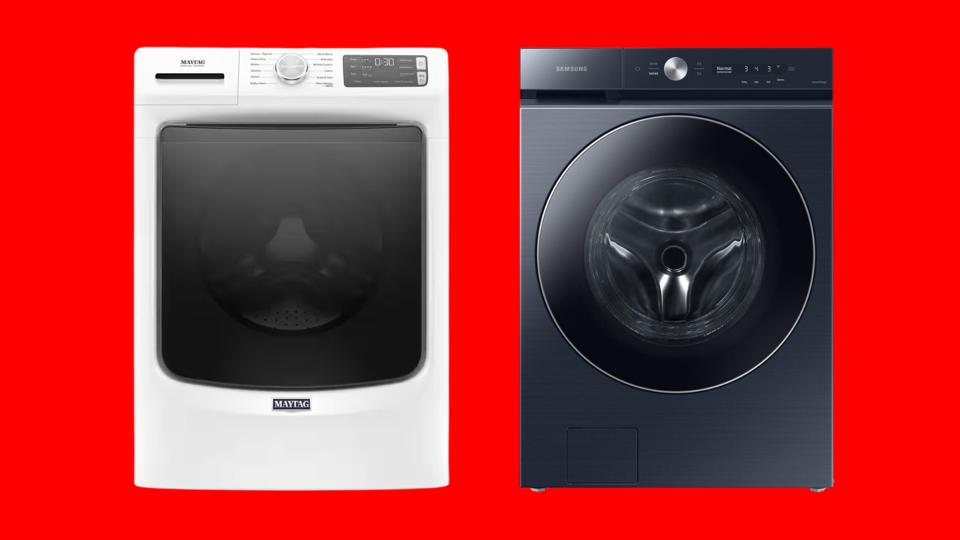 A washer in white and dryer in grey against a bright red backdrop. 