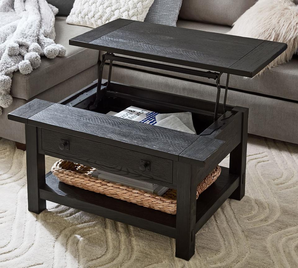 Benchwright Rectangular Lift-Top Coffee Table in a living room with its top open