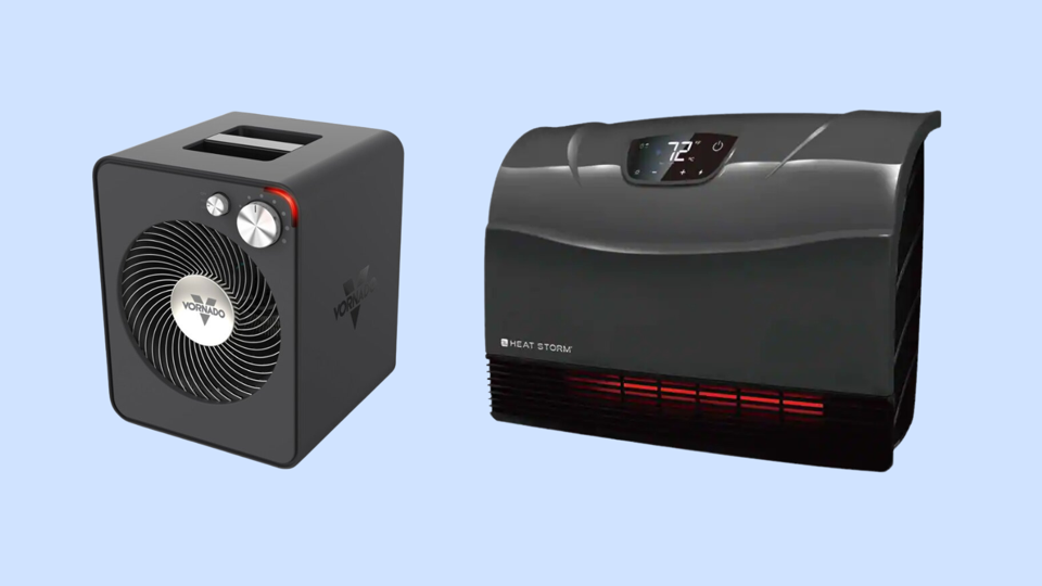 Two of the best space heaters on a light blue background.