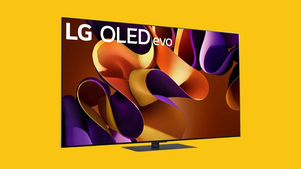 The LG OLED Evo G4 4K TV against a bright yellow background.