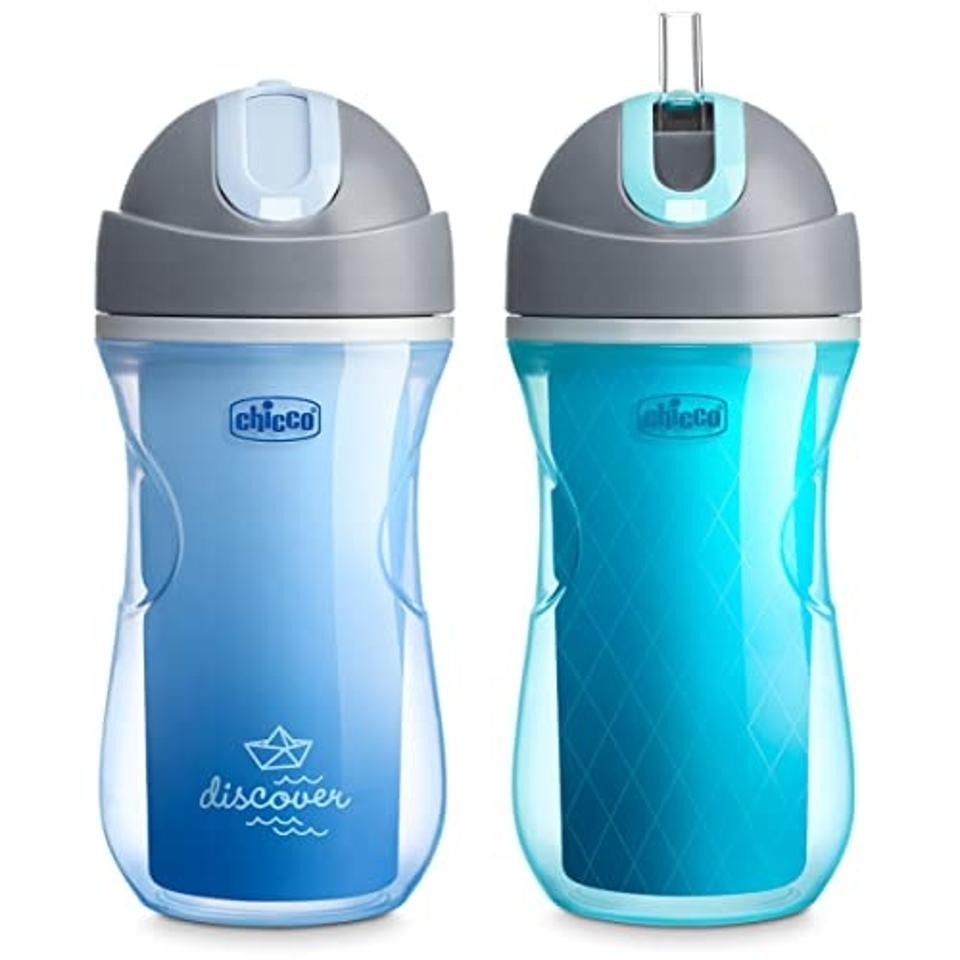 2 Blue Chicco Double-Wall Insulated Flip-Top Sippy Cups, one with the straw flipped up