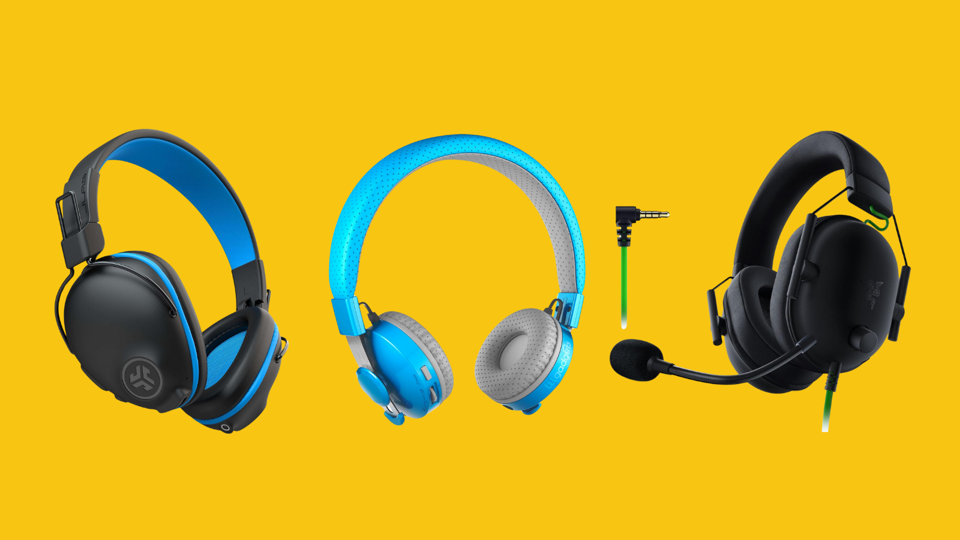 The pairs of headphones for kids on a bright mustard yellow background