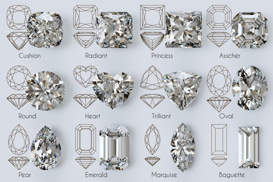 Twelve popular diamond cut styles, outlines, titles on white background