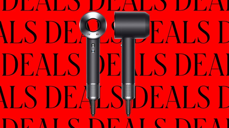 A silver and charcoal Dyson Supersonic Origin hair dryer on a red and black background