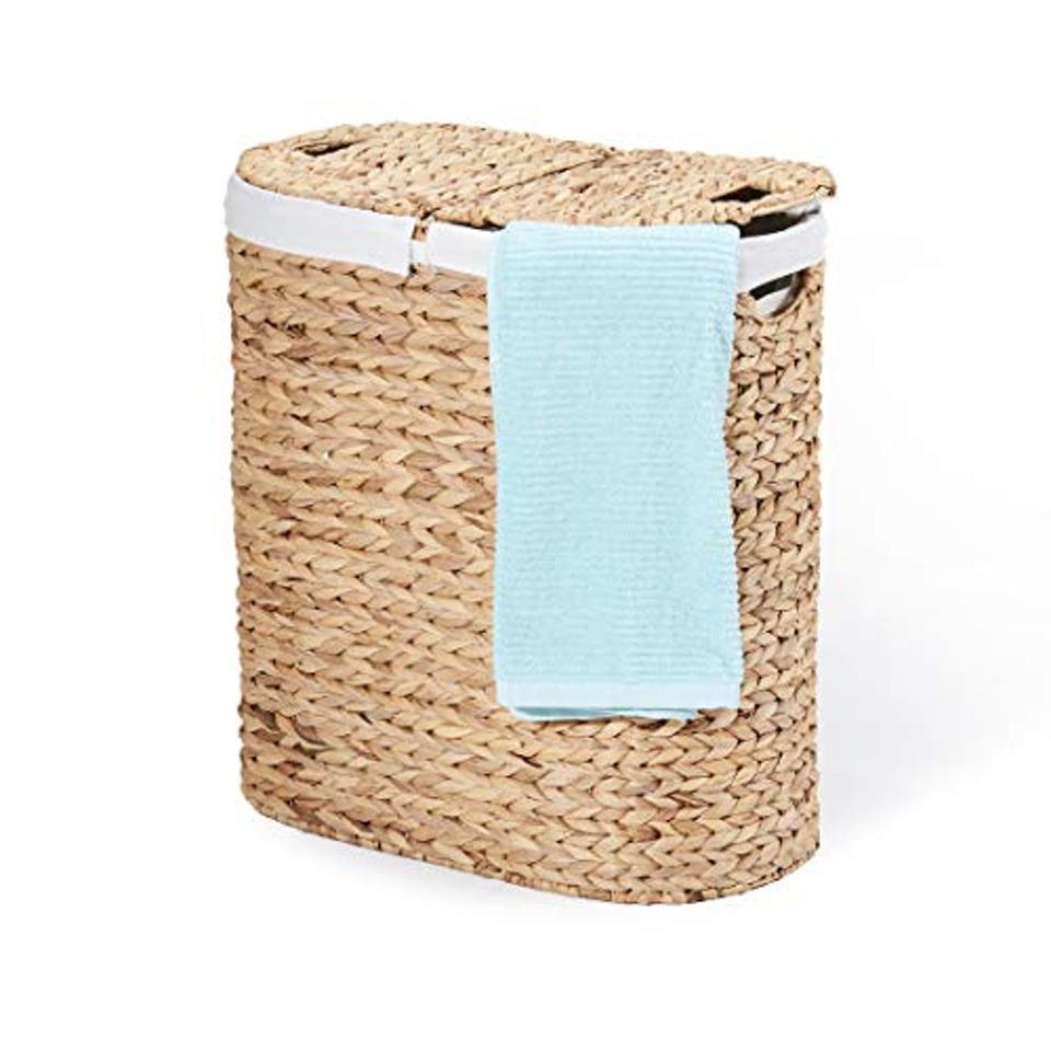 Seville Classics Hand Woven Natural Wicker Water-Hyacinth Lidded Oval Double Laundry Hamper,WEB706